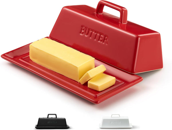 Kook Ceramic Butter Dish with Lid, Red Butter Keeper for Countertop, Holds 1 Stick, Microwave and Dishwasher Safe