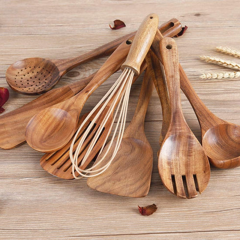 Kitchen Utensils Set with Holder, Wooden Cooking Utensils, Natural Teak Wood Spoons, Set with Spatula and Ladle (11)
