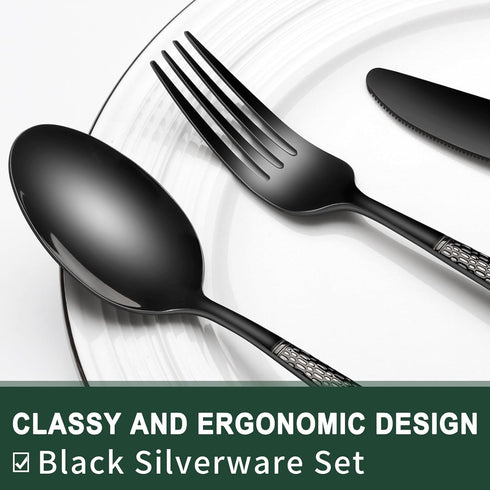 Black Hammered Silverware Set, 20-Piece Heavy Duty Stainless Steel Flatware for 4, Food-Grade Cutlery Set, Mirror Finish
