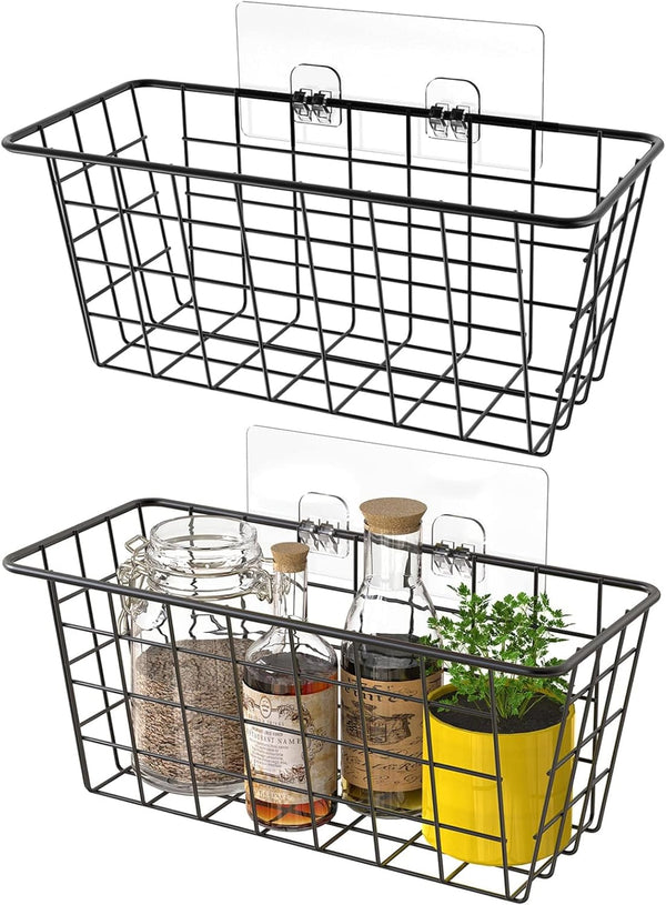 MaraFansie Hanging Kitchen Baskets, Over the Cabinet Door Organizer, No Drilling Adhesive Basket, 2 Pack, Black