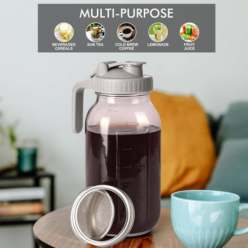 Cold Brew Mason Jar Iced Coffee Maker, Durable Glass, 64 oz with Handle & Stainless Steel Filter for Iced Drinks