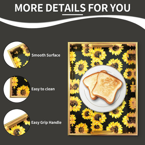 Set 2, Sunflower Gold Decorative Tray of Plastic Serving Tray with Handles, Rectangular Coffee Table Tray, Nesting