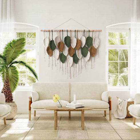 39"W 29.5"L KHOYIME Large Macrame Wall Hanging Boho Woven Tapestry, Chic Home Decor Modern Bohemian Handmade Leaf