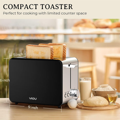 YIOU 2 Slice Stainless Steel Toaster with 1.5 Inch Extra Wide Slots, 6 Browning Settings, Removable Crumb Tray, Black