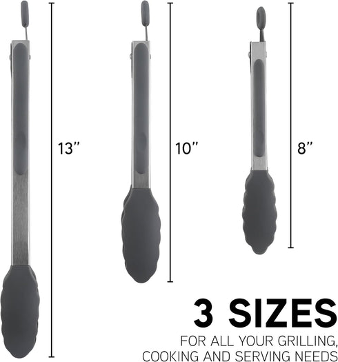 COOK WITH COLOR Stainless Steel Silicone Tipped Kitchen & BBQ Tongs Set, 3 Piece Tongs in Black