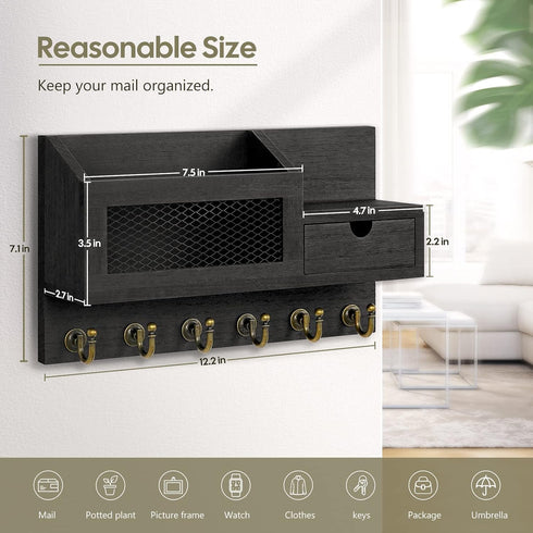 Key and Mail Holder for Wall, Wall Mount Mail Organizer with 6 Hooks and Storage Drawer, Key Rack (B-Black)