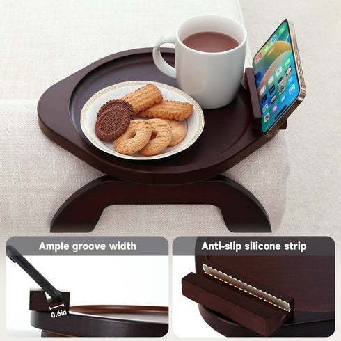 360 Couch Arm Tray Table,Bamboo Sofa Side Tables Clip-on Couch with Phone Holder,Foldable Sofa Armrest Tray