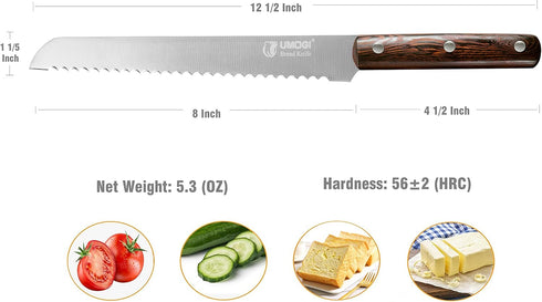 Bread Knife 8 Inch with Sheath, German High Carbon Stainless Steel, Ergonomic Grip Full Tang Wood Handle