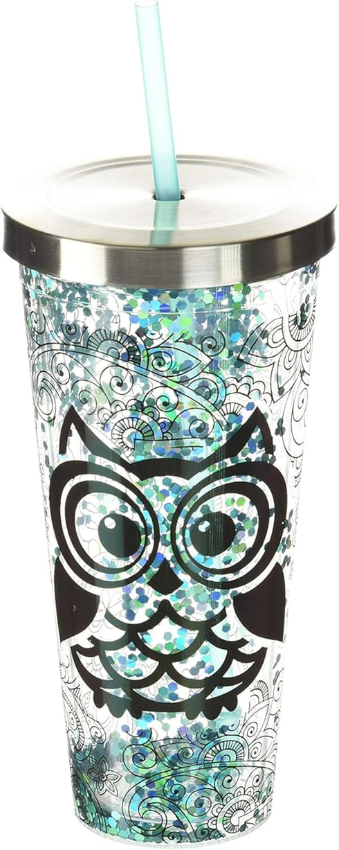 Spoontiques Glitter Filled Acrylic Tumbler - 20 oz Glitter Cup with Straw, Double Wall Insulated, BPA Free, Blue Owl