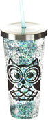 Spoontiques Glitter Filled Acrylic Tumbler - 20 oz Glitter Cup with Straw, Double Wall Insulated, BPA Free, Blue Owl