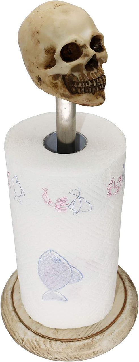Rustic White Wood Skull Stand Up Paper Towel Holder, Easy One-Handed Tear Kitchen Paper Towel Dispenser with Weighted