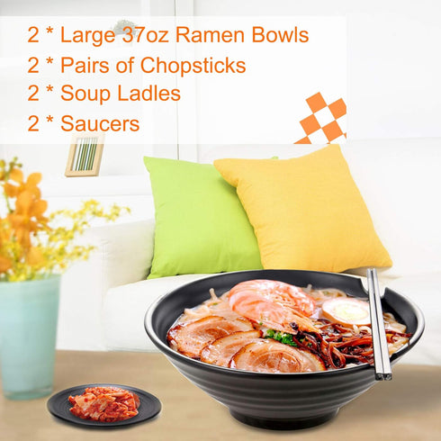 Vivimee Unbreakable Japanese Style Ramen Bowl Set of 2, 37oz Black Large Matte Melamine Bowls with Spoons & Chopsticks