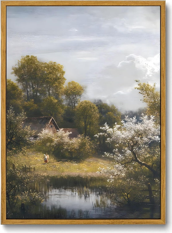 KISSFOX Framed Vintage Landscape Wall Art, Retro Rustic Lake Oil Painting Canvas Prints for Home Decor