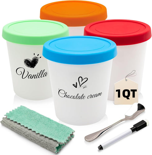 Belle&Beau 4 Pack Ice Cream Containers Set (1 Quart Each) with Silicone