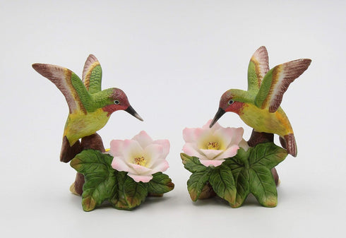 Fine Porcelain Hummingbird Candle Holder Pair with Apple Cherry Blossom Flowers, 3-5/8" H