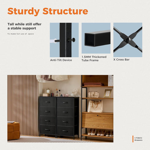 Sweetcrispy Dresser for Bedroom with 4 Drawers, Skinny Fabric Storage Tower, Chest of Drawers for Closet, Living Room
