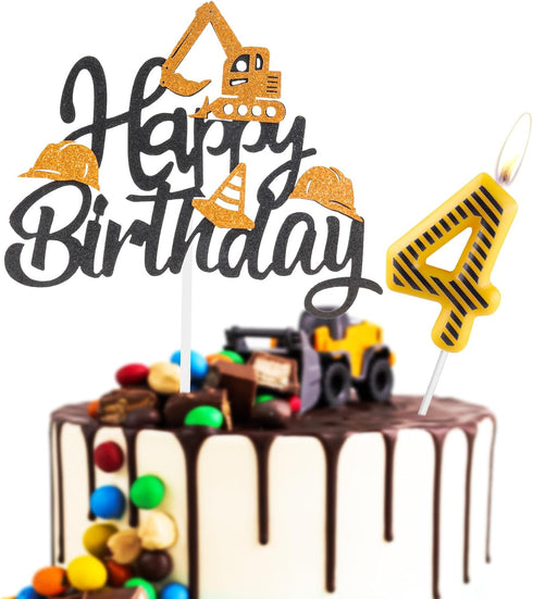 FUNCANDLE Construction Themed Birthday Candles Set,Yellow White Stripes Number 4 Candle with Construction