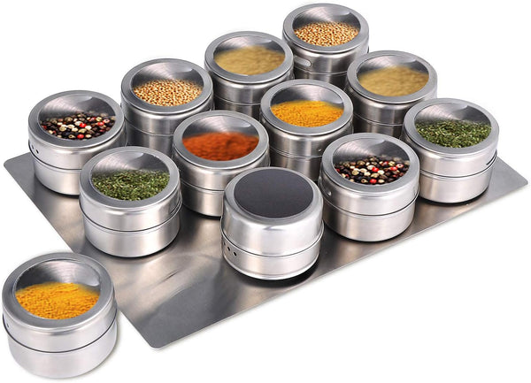 Upgrade Magnetic Spice Jars 12pcs with Wall Mounted,Stainless Steel Spice Tins with