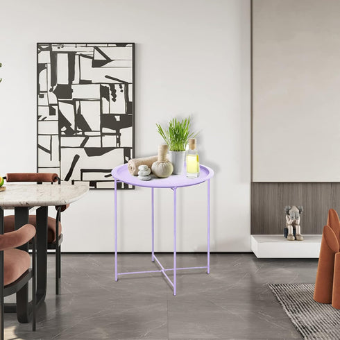4 Garden you End Table Metal Side Table Purple Round Folding Tray Cyan Sofa Small Accent Fold-able Table, Round End