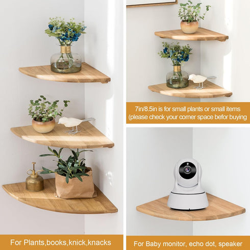 Set 2 7inch Corner Shelves, Floating Corner Shelf, of Solid Oak Wood Wall Shelves, Round End Wall Mount with Wire Hole