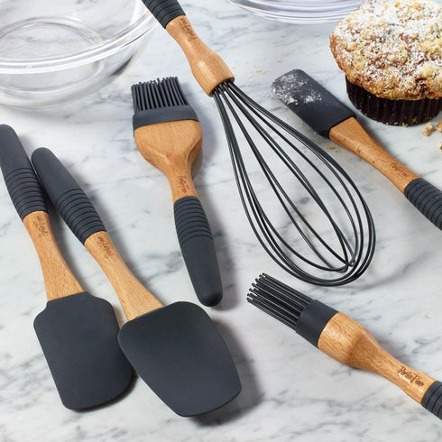 6 Pieces Baking Utensils Set - Dark Grey Silicone Spatula Set, 3 Spatulas, 2 Pastry Brushes, 1 Whisk - Gift for Women