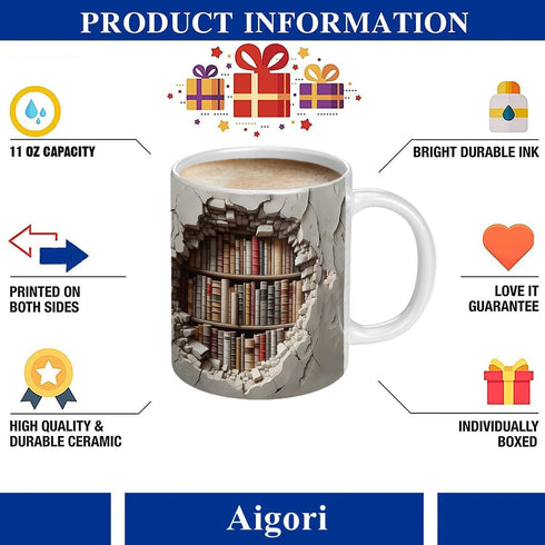 Mug(11oz), Library Bookshelf Mug, Cool Bookish Ceramic Coffee Mug, Book Lovers Gifts for Readers, Creative Book Club