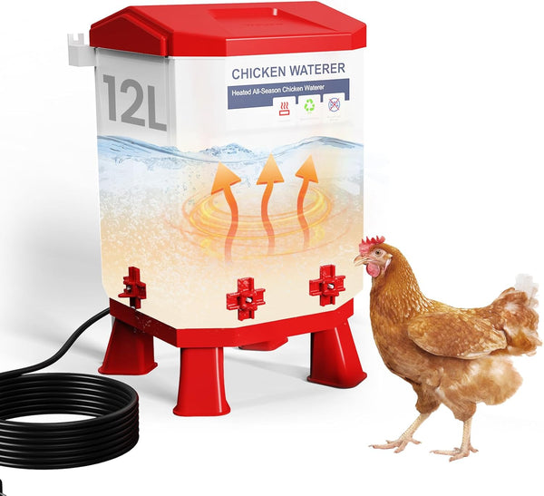 3.2 Gallon Heated Chicken Waterer with 4 Nipple Drinkers - Adjustable Height,