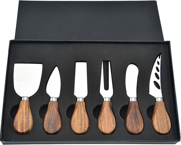 6Pcs Cheese Knife Set, Cheese Knives, Cheese Slicer, Cheese Fork, Wood Handle Stainless Steel Slicer