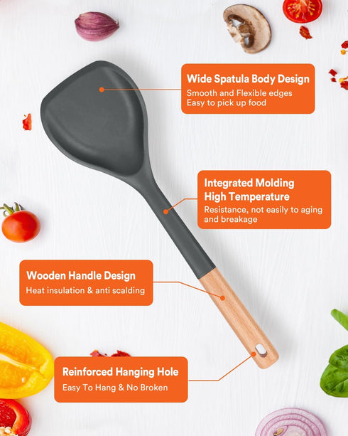 Nonstick Silicone Spatula, Flexible Edge for Pans, Heat Resistant BPA-Free Kitchen Spatulas with Wooden Handle (Grey)