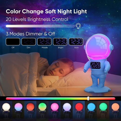 30 22 Dimmable AFEXOA Astronaut Sunrise Alarm Clock for Kids, White Noise Sound Machine with Soothing Sounds
