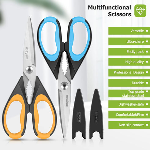 iBayam Kitchen Scissors 2-Pack, 9 Inch Heavy Duty Shears, Dishwasher Safe, Stainless Steel Sharp Cooking Scissors