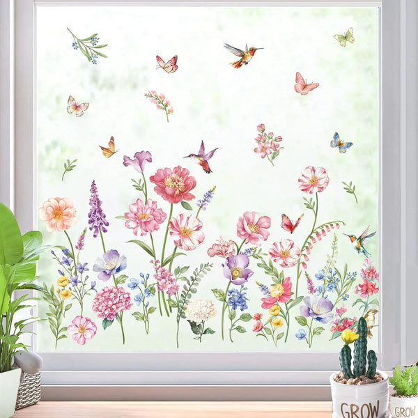 decalmile Spring Garden Flower Window Clings, Double Sided Wildflower Butterflies Grass Easter Window Decals