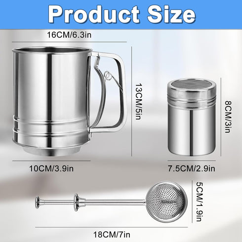 Flour Sifter Stainless Steel, 3 Cup Sifter for Baking, 3 in 1 with Powdered Sugar Shaker Duster