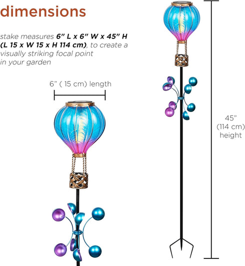 45" Alpine Corporation H Outdoor Solar Hot Air Balloon Spinning Garden Stakes with LED Lights, Blue/Purple