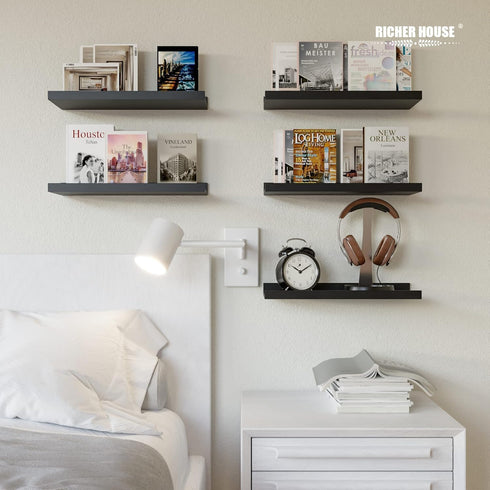5 Set RICHER HOUSE Floating Wall Mounted Shelves, Black Shelves for Wall Decor, Modern Picture Ledge Shelf with Lip