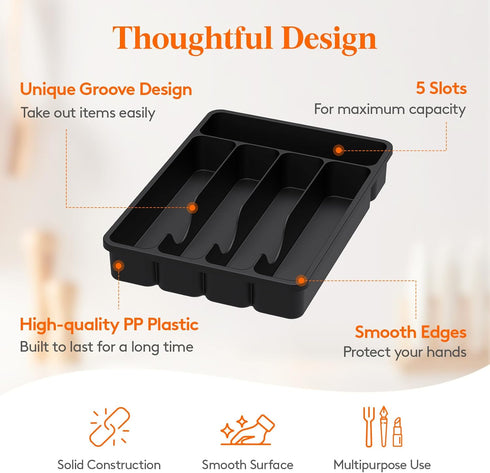 Lifewit Silverware Drawer Organizer Tray, Plastic Cutlery Storage for Kitchen Drawer, 5 Compartment, Black