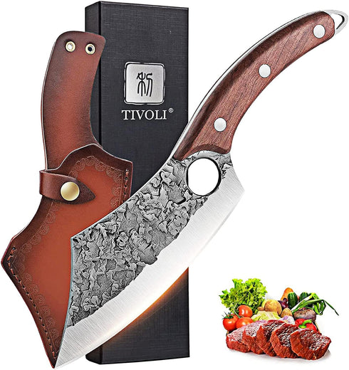 TIVOLI Meat Cleaver Knife, Hand Forged Full Tang Butcher Knife for Meat Cutting, High Carbon Steel with Sheath