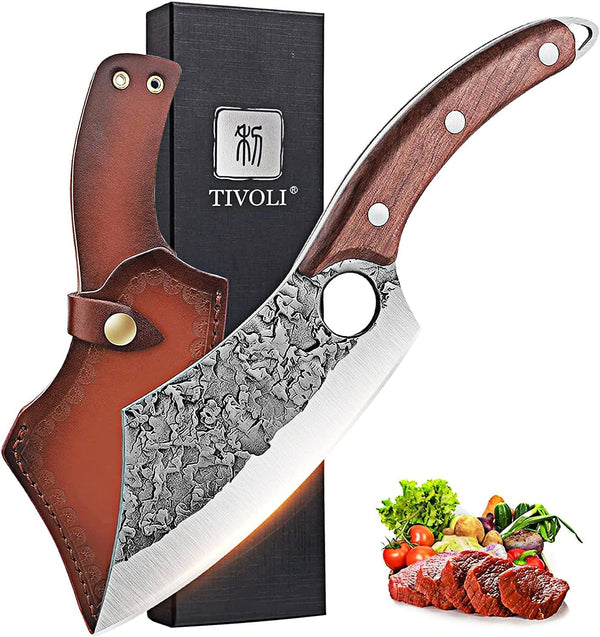 TIVOLI Meat Cleaver Knife, Hand Forged Full Tang Butcher Knife for Meat Cutting, High Carbon Steel with Sheath