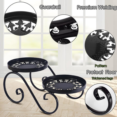 2 Tier Black Plant Stand, Metal Flower Stand Indoor Outdoor, Anti-Rust Iron Plant Shelf, Round Flower Pot Stands