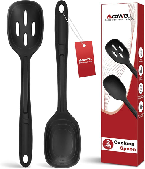 Silicone Cooking Spoon Set - Premium Non-Stick Solid and Slotted Spoon Pack of 2 for Mixing, Serving, Stirring