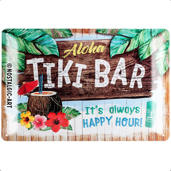 Nostalgic Art Retro Tin Sign – Open Tiki Bar, Vintage Design Metal Plaque for Wall Decoration, 20 x 30 cm