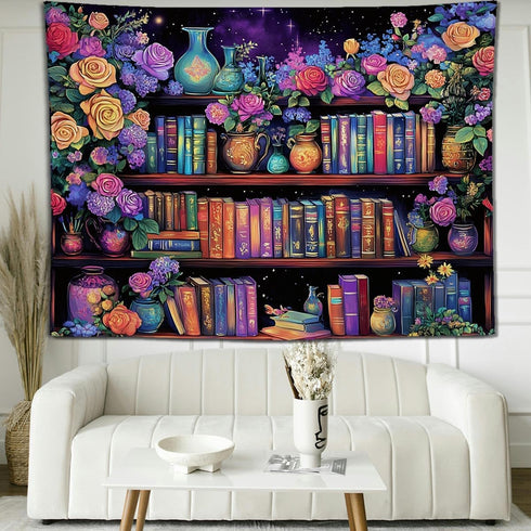 keowhsf Pink Purple Flower Bookshelf Wall Tapestry Colorful Tapestries for Bedroom Aesthetic Floral Tapestry Wall