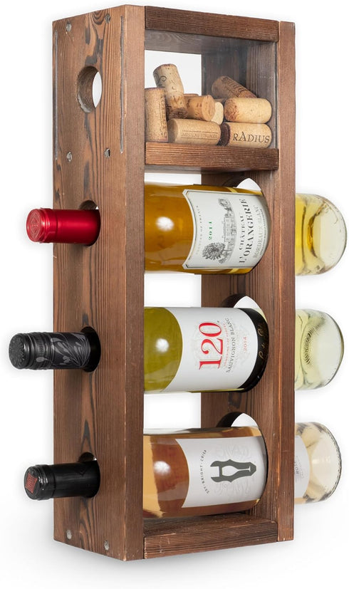 Rustic State Sonoma Countertop Wood Vertical Wine Rack, Freestanding Tabletop Holder for 3 Bottles, Burnt Brown
