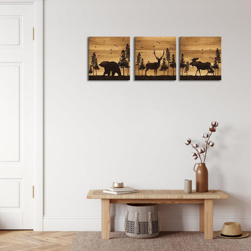 12"x12"x3 Apicoture Bear Elk Moose Wall Pictures Forest Landscape Hunting Theme Woodland Animal Painting Framed Canvas