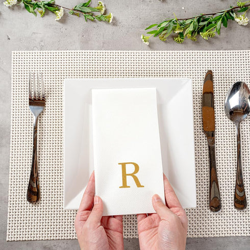 15.8 7.9 Inch 50 Luxenap X Linen-Feel Guest Towels, Lettered Hand Towels - Gold Letter 'R', Sans Serif Font, White
