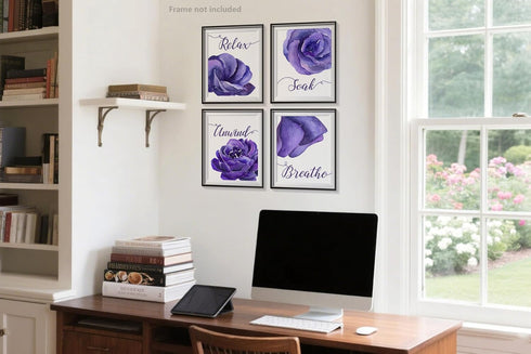 heshengzaixian Purple Flower Bathroom Wall Art Print, Mauve Rose Floral Relax Soak Unwind Quotes, Set of 4, 8X10in