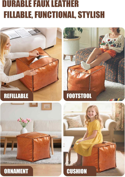 Gloruoia Faux Leather Unstuffed Pouf Ottoman Square Floor Cushion Cover with Zipper Wear-Resistant & Easy to Clean