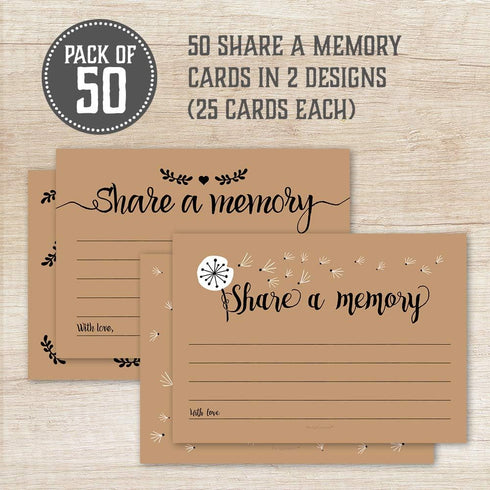 50 Share A Memory Cards for Celebration of Life, Memorial, Funeral, Retirement, Birthday, Wedding - 2 Rustic Designs
