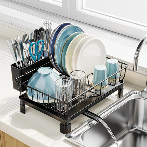 GSlife Dish Drying Rack for Kitchen Counter - Compact Dish Drainer with Utensil Holder and Drain Spout, Black