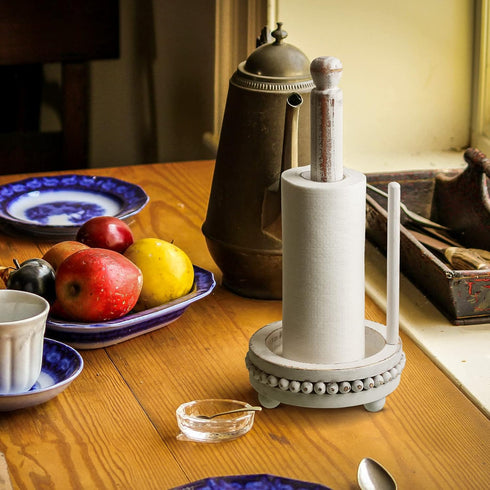 Rustic Farmhouse Paper Towel Holder - Washed Beaded Wood Stand for Kitchen Bathroom Dining Countertop Decor (White)